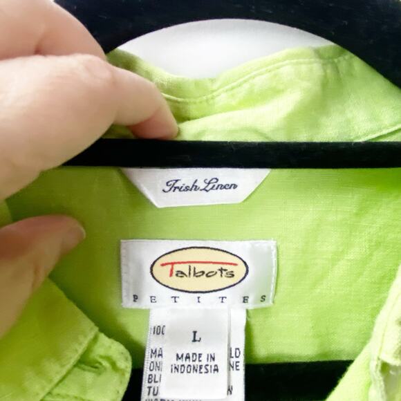 Talbots Large Petites Womens Lime Green Irish Linen Button Front Shirt Top - Picture 4 of 7